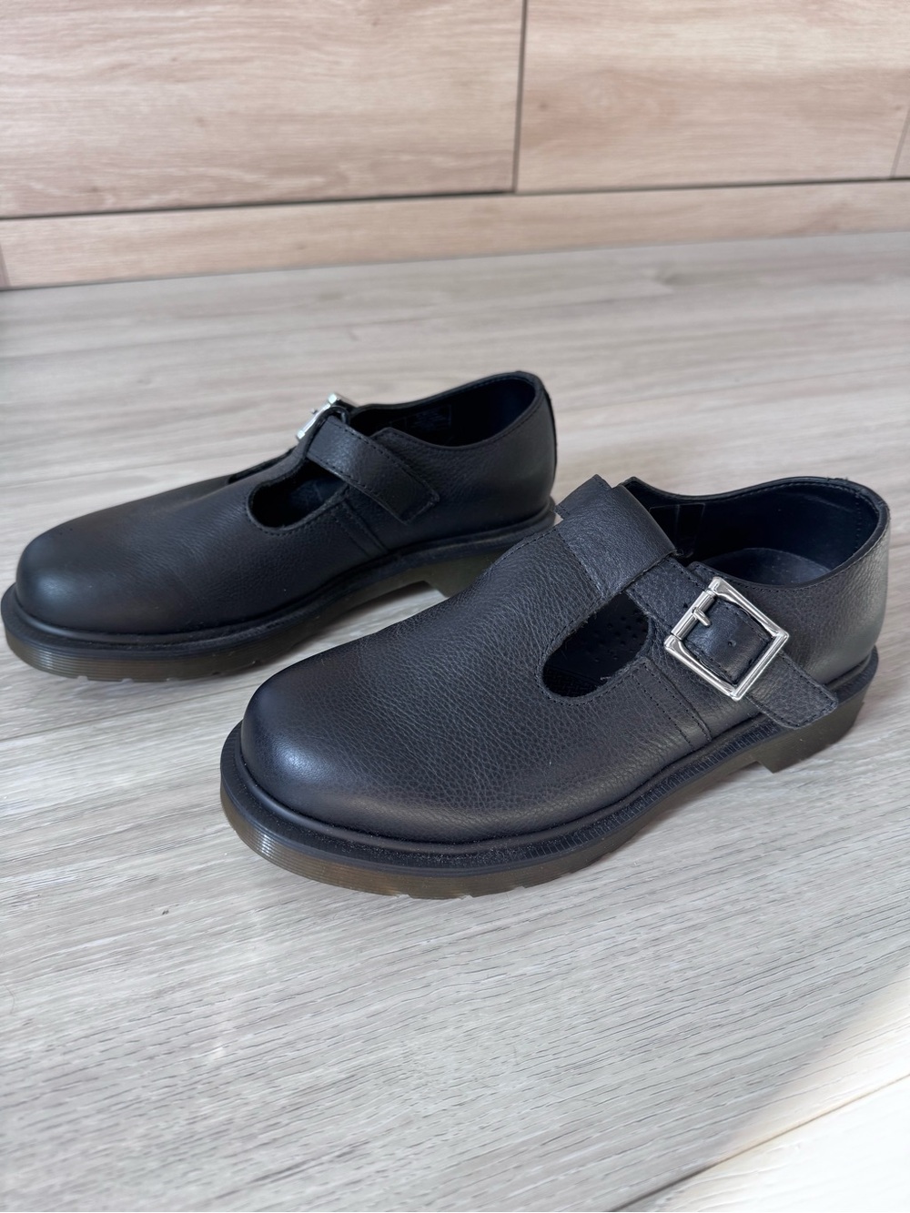 Dr. Martens Women’s Black Leather Mary Jane Shoes with Silver Buckle